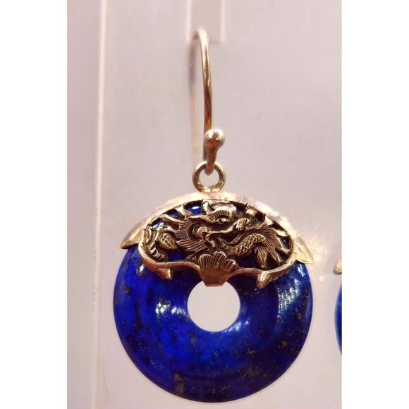 Lapis Doughnut Earrings With Silver Dragon Design Cap - Dangle - Picture 2 of 2